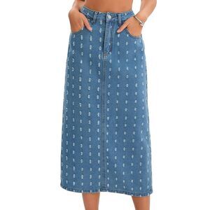 Women's Denim Midi Skirt High Waist Swiss Dots Back Slit Jean Column Skirt